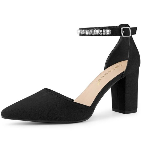 Allegra K Shoes - Pointed Toe Rhinestone Ankle Strap Black Chunky Heels Pumps